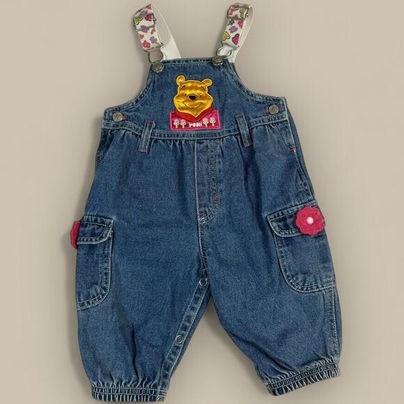 Vtg Y2K Disney Winnie The Pooh Baby Overalls Girls 6-9 Month Denim Jeans - Picture 1 of 5